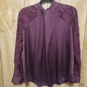 Lace Sleeve Blouse PXL Faux Tie, Mock Neck Maroon/purple Elegant Retro Chic